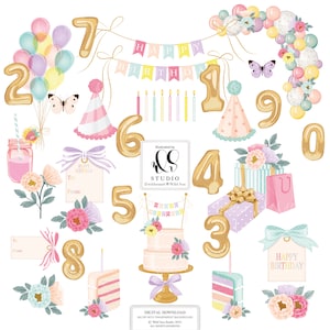 Geburtstag Clipart Set, druckbare Kunst, rosa und lila Blumen, Planer Mädchen, digitaler Download