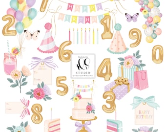 Birthday clipart set, printable art, pink and purple floral, planner girl, digital download