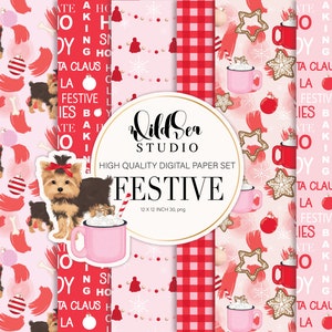 Festive Holiday Digital Paper set,  Christmas, pink and red