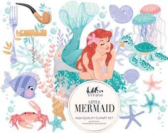 Puede incluir: Un conjunto de clipart digital que incluye una sirena pelirroja con cola turquesa, una tortuga marina, una medusa, un cangrejo, un pez y varios elementos marinos. El conjunto está etiquetado como "Little Mermaid" e incluye imágenes de 300 DPI con fondos transparentes.