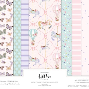 Whimsical Carousel and Hot Air Balloon Digital paper set, stripes, confetti, stars