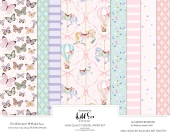 Whimsical Carousel and Hot Air Balloon Digital paper set, stripes, confetti, stars