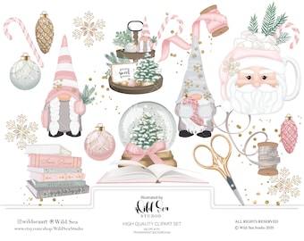 Christmas Pink Winter Clipart set, Santa, Gnomes