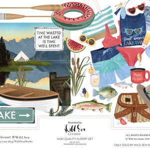 Lake Day Clipart-Set, digitaler Download, druckbare Kunst, See, Angeln, Sommer, Planer