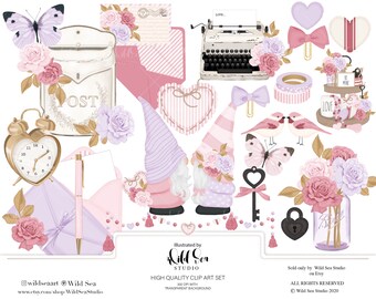 Valentine Clip Art, farmhouse valentine, valentine gnome, printable art, pink and purple floral, planner girl, digital download