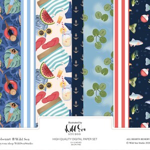 Lake Day Digital Paper Set, digitaler Download, druckbare Kunst, nahtlose Muster, Sommer, Angeln, Leben am See, Planer