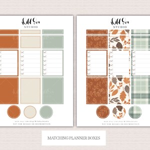 May include: A set of printable planner stickers with an autumn theme. The stickers feature various shapes and sizes, including squares, rectangles, and circles. The stickers are decorated with autumnal colours, such as orange, brown, and green, and feature patterns like plaid and leaves. The text "Wild Ser Studio" is at the top of the page.