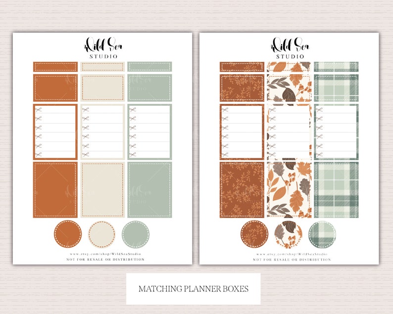 May include: A set of printable planner stickers with an autumn theme. The stickers feature various shapes and sizes, including squares, rectangles, and circles. The stickers are decorated with autumnal colours, such as orange, brown, and green, and feature patterns like plaid and leaves. The text "Wild Ser Studio" is at the top of the page.