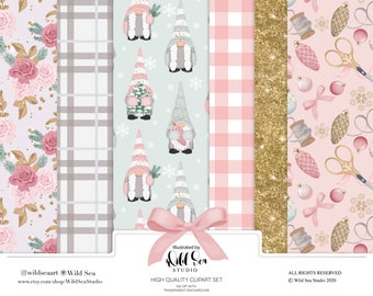 Christmas Digital paper set, gnomes, floral, glitter, Buffalo plaid