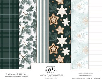 Evergreen Digital Paper set, Digital download, printable art, holiday, winter, greenery, planner, plaid, strips, shiplap, snow
