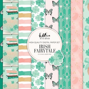 Irish Fairytale Digital Paper set, Shamrock, vierblättriges Kleeblatt, Regenbogen, Lucky, St Patricks Day, Schmetterlinge