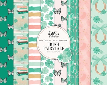Irish Fairytale Digital Paper set, Shamrock, four leaf clover, rainbow, Lucky, St Patricks Day, butterflys