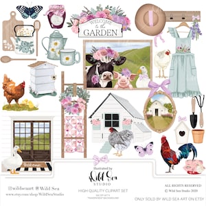 Ensemble de cliparts FarmHouse, téléchargement numérique, art imprimable, mignon, poulets, floral, papillon, vache, noyau de chalet, printemps, ferme, grange, paysage
