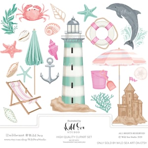 Conjunto de imágenes prediseñadas de playa, descarga digital, arte imprimible, rosa, azul, verde azulado, floral, conchas, verano, primavera, playa
