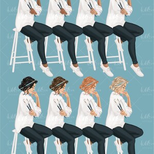 K&ouml;nnte beinhalten: Acht Illustrationen von Frauen, die auf wei&szlig;en Hockern sitzen und jeweils zwei Pinsel halten. Die Frauen tragen wei&szlig;e Hemden und dunkelblaue Hosen. Sie haben verschiedene Haarfarben und -stile. Der Hintergrund ist hellblau.