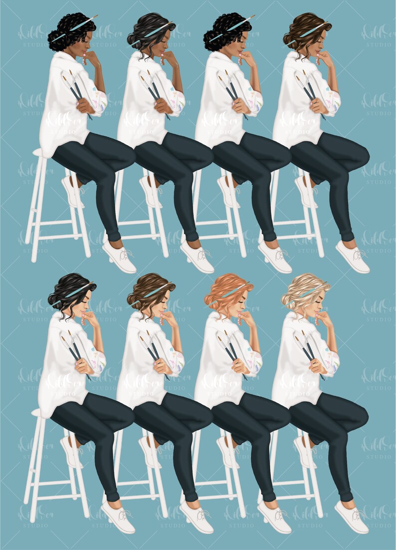 K&ouml;nnte beinhalten: Acht Illustrationen von Frauen, die auf wei&szlig;en Hockern sitzen und jeweils zwei Pinsel halten. Die Frauen tragen wei&szlig;e Hemden und dunkelblaue Hosen. Sie haben verschiedene Haarfarben und -stile. Der Hintergrund ist hellblau.