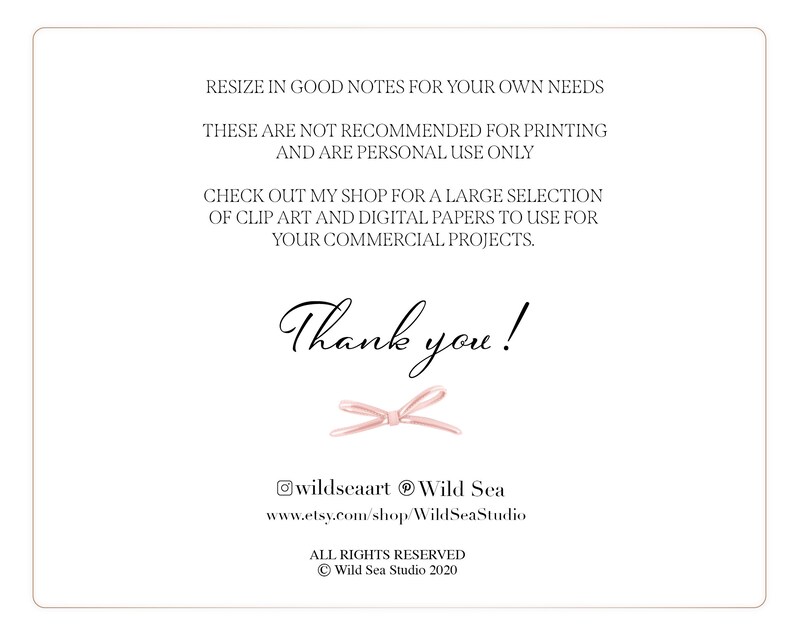 May include: A thank you note with a pink bow and the text "Thank you!"  The note also includes the text "wildseaart @ Wild Sea" and "www.etsy.com/shop/WildSeaStudio". The note also includes the text "ALL RIGHTS RESERVED" and "Wild Sea Studio 2020".