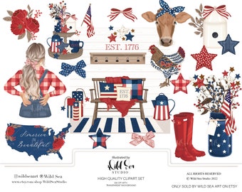 Independence Day Clipart set, stars and stripes, fourth of July, red white and blue, farmhouse, america, patriotic