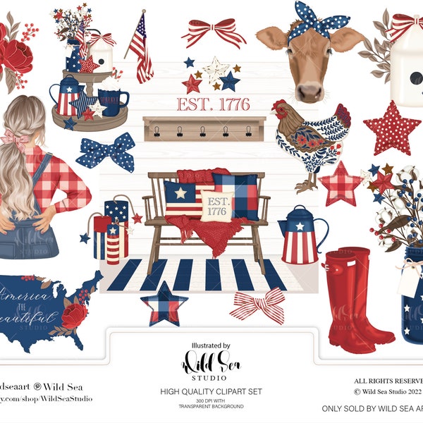 Independence Day Clipart set, stars and stripes, fourth of July, red white and blue, farmhouse, america, patriotic