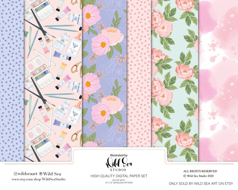 May include: A set of six digital paper patterns featuring floral designs, watercolour splatter, and a pattern of art supplies. The patterns are seamless and can be used for scrapbooking, card making, and other craft projects. The text on the image reads "Illustrated by Wild Sea Studio, High Quality Digital Paper Set, 300 DPI with 12" x 12" Seamless Patterns, All Rights Reserved &copy; Wild Sea Studio 2020, Only Sold by Wild Sea Art on Etsy."