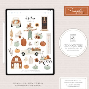 May include: A digital sticker set featuring a variety of fall-themed illustrations, including pumpkins, a scarecrow, a truck, a barn, and a sign that says "Hello Fall". The stickers are designed for use in Goodnotes and have no white borders.