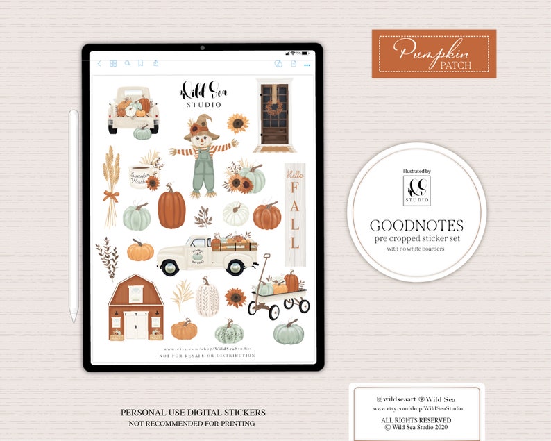 May include: A digital sticker set featuring a variety of autumn-themed illustrations, including pumpkins, a scarecrow, a truck, a barn, and a sign that says "Hello Fall". The stickers are designed for use in Goodnotes and have no white borders.