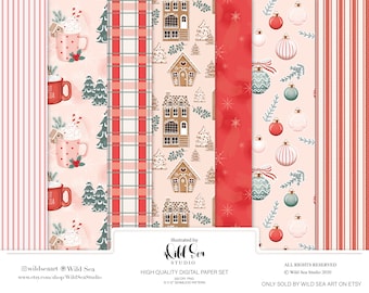 Christmas Digital paper set, Gingerbread houses, ornaments, holiday, Plaid, red and pink