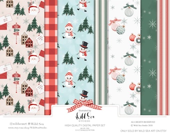 Christmas Digital paper set, Santa, snowman,  ornaments, holiday, Plaid, red and green