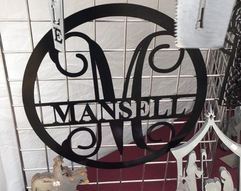 May include: A black metal monogram sign with the letter "M" and the name "MANSELL" written below. The sign is hanging on a wire mesh background.