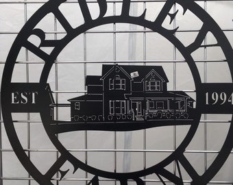 May include: Black metal sign with the words "Ridley Farm Est 1994" in a circle around a silhouette of a house.