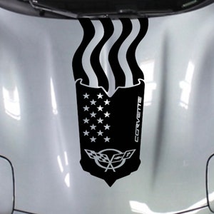 Clausen's World - New 16" Center Hood USA FLAG and C5 Emblem Racing Stripes Vinyl Decal - Compatible with Corvette C5