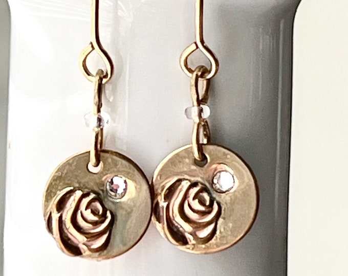Gold Filled , Dangling Rose Earrings with crystal. Perfect Gift for Her. Dainty Rose Drop Earrings.