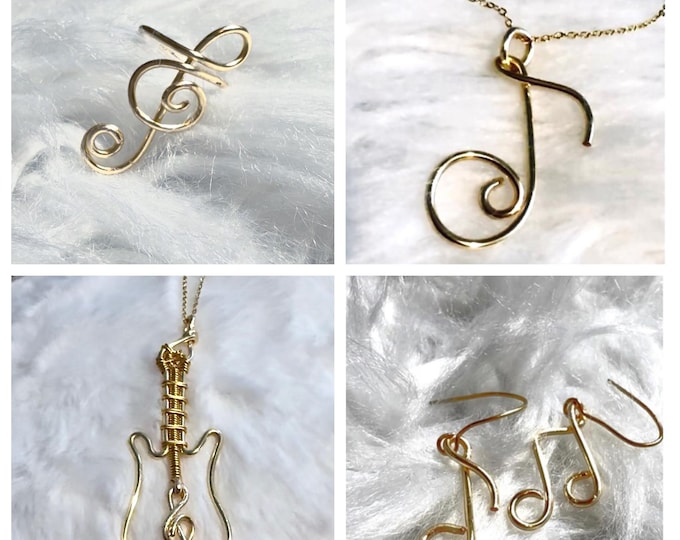 Guitar Necklace/Pendant. Accessory for music lovers. Music notes pendant and earrings. Treble clef jewelry ring.