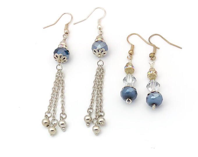 Chain / Indigo Blue Faceted Crystal Beads Earrings.Sparkle Beads/Dangle Style chain Earrings.Jewelry Gift.