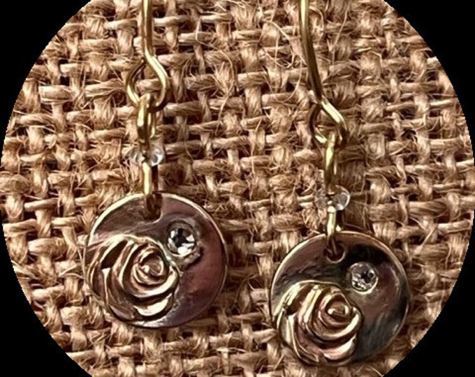 Gold Plated Dangling Rose Earrings with crystal. Perfect Gift for Her. Dainty Rose Drop Earrings.