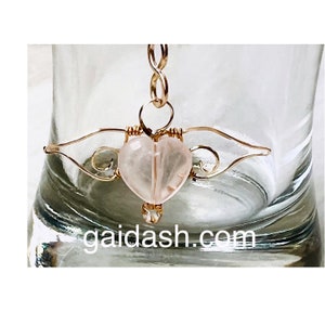 Gold Plated Angel necklace. Stone Esoteric  Wing Pendant. Love Spell. Pink Quartz Necklace. love never fails. Love Pendant.