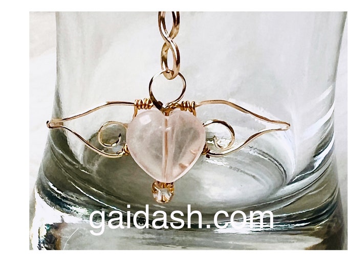 Gold Plated Angel wing necklace. Stone Esoteric  Wing Pendant. Love Spell. Pink Quartz Necklace. love never fails. Chamuel Pendant.