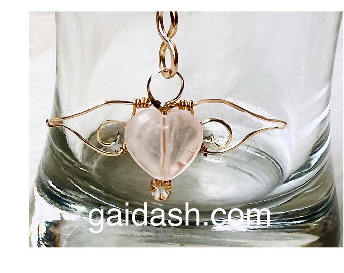 Gold Plated Angel necklace. Stone Esoteric  Wing Pendant. Love Spell. Pink Quartz Necklace. love never fails. Love Pendant.