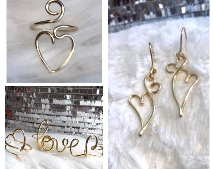 Gold  Plated Heart Earrings, Double heart earrings. Gold plated heart ring. Heart ring and Love bracelet set.
