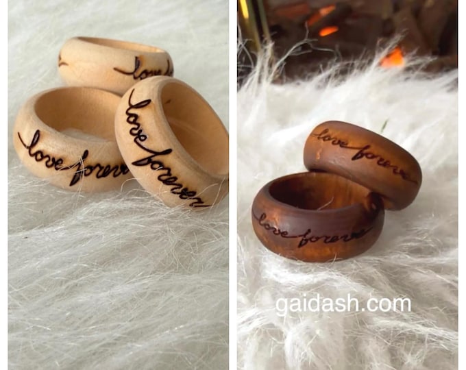 Boho-style wooden jewelry ring with engraved love message “ Love forever"