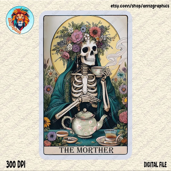 Witchy Vibes Skull Mama T-Shirt Mug PNG File, Woman Skeleton Mother Sublimation Design, The Mom Funny Tarot Card  Png, Digital Download