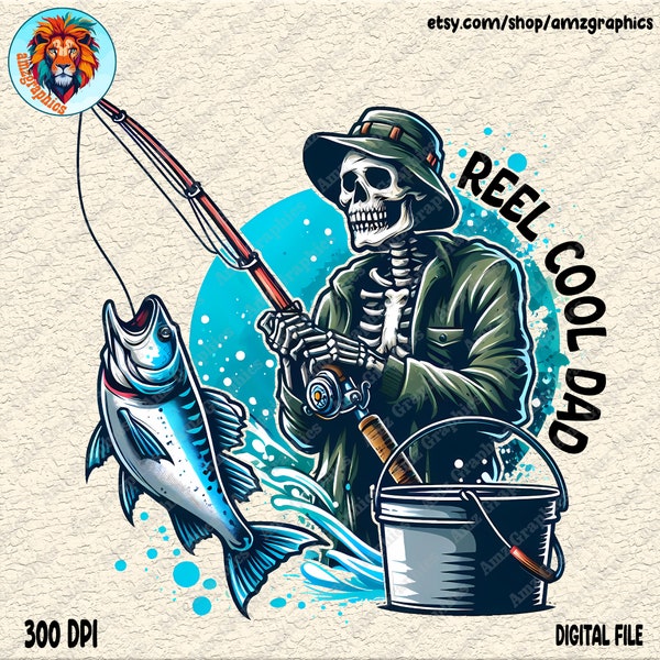 Reel Cool Dad Png, Fishing Dad Png, Funny Skeleton Dad Design, Trendy Father's Day T-Shirt Mug Retro for Men Png, Digital File