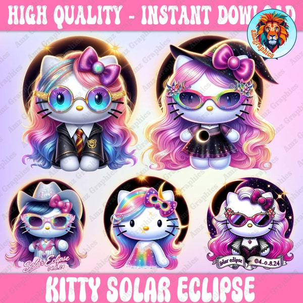 Pink Cartoon Cat Total Solar Eclipse PNG Bundle, Twice In A Lifetime Eclipse Solar, America Guitar Totality April 8th 2024, Digital Download