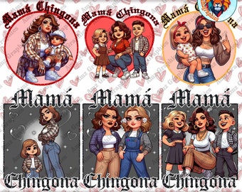 Lot de 6 dessins animés maman Chingona, Style Latina fête des mères pour UV DTF, cadeau pour maman Png, fête des mères PNG, fille maman, téléchargement numérique