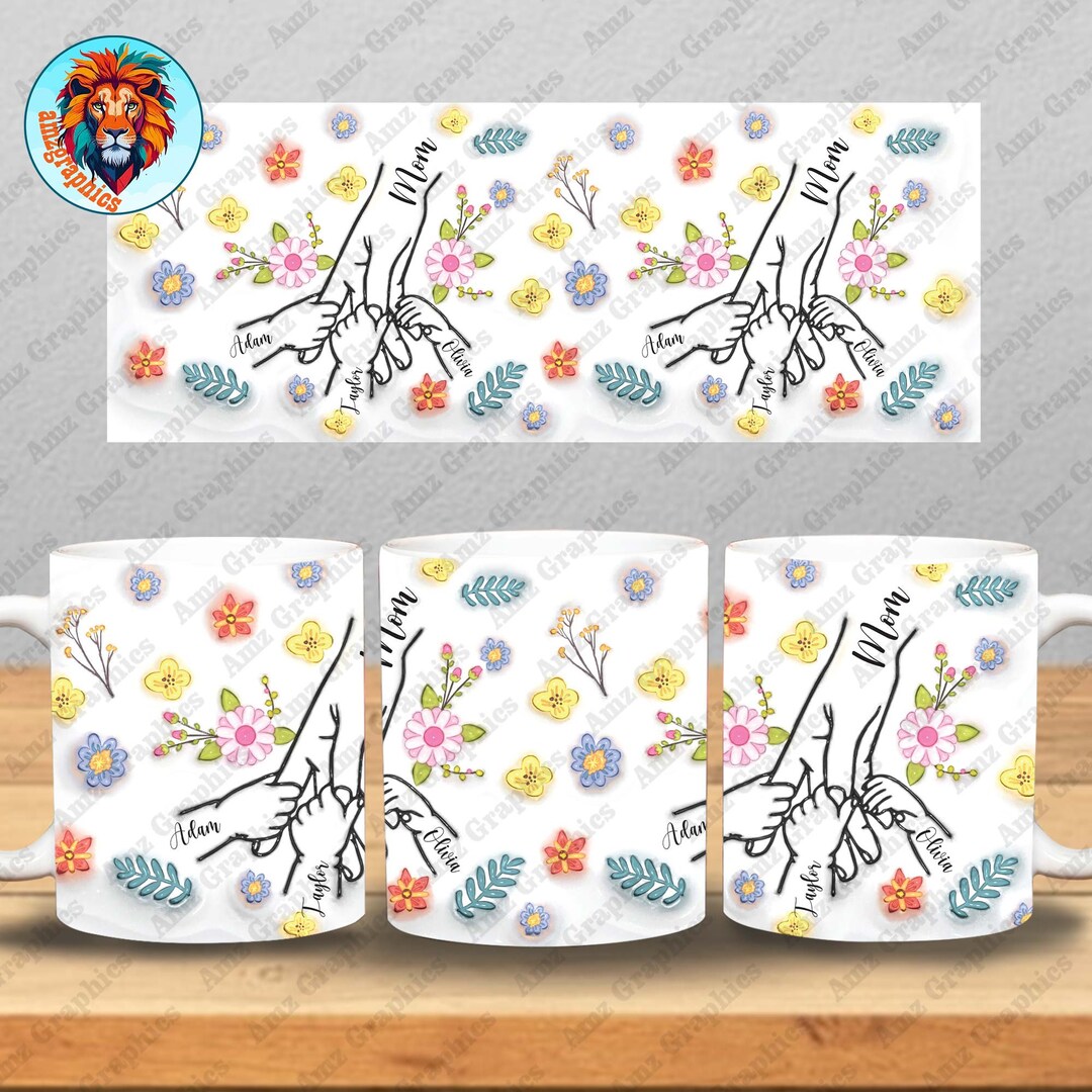 Taza inflada 3D PERSONALIZADA sosteniendo la mano de mamá Png, 3 niños