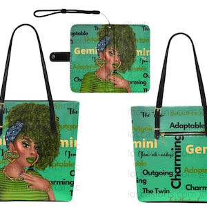 Conjunto de bolsa de ombro e carteira para mulheres afro-americanas, bolsa afrocêntrica, presente de aniversário para mulheres negras, presente de Gêmeos para mulheres, presente do zodíaco