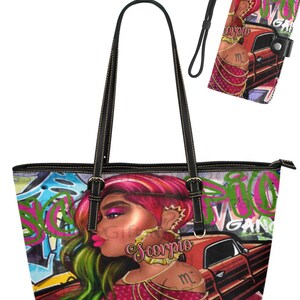 Ensemble sac fourre-tout et portefeuille en cuir pour femme noire, sac à main afrocentrique, cadeau d'anniversaire pour femme noire, sac à main fille noire