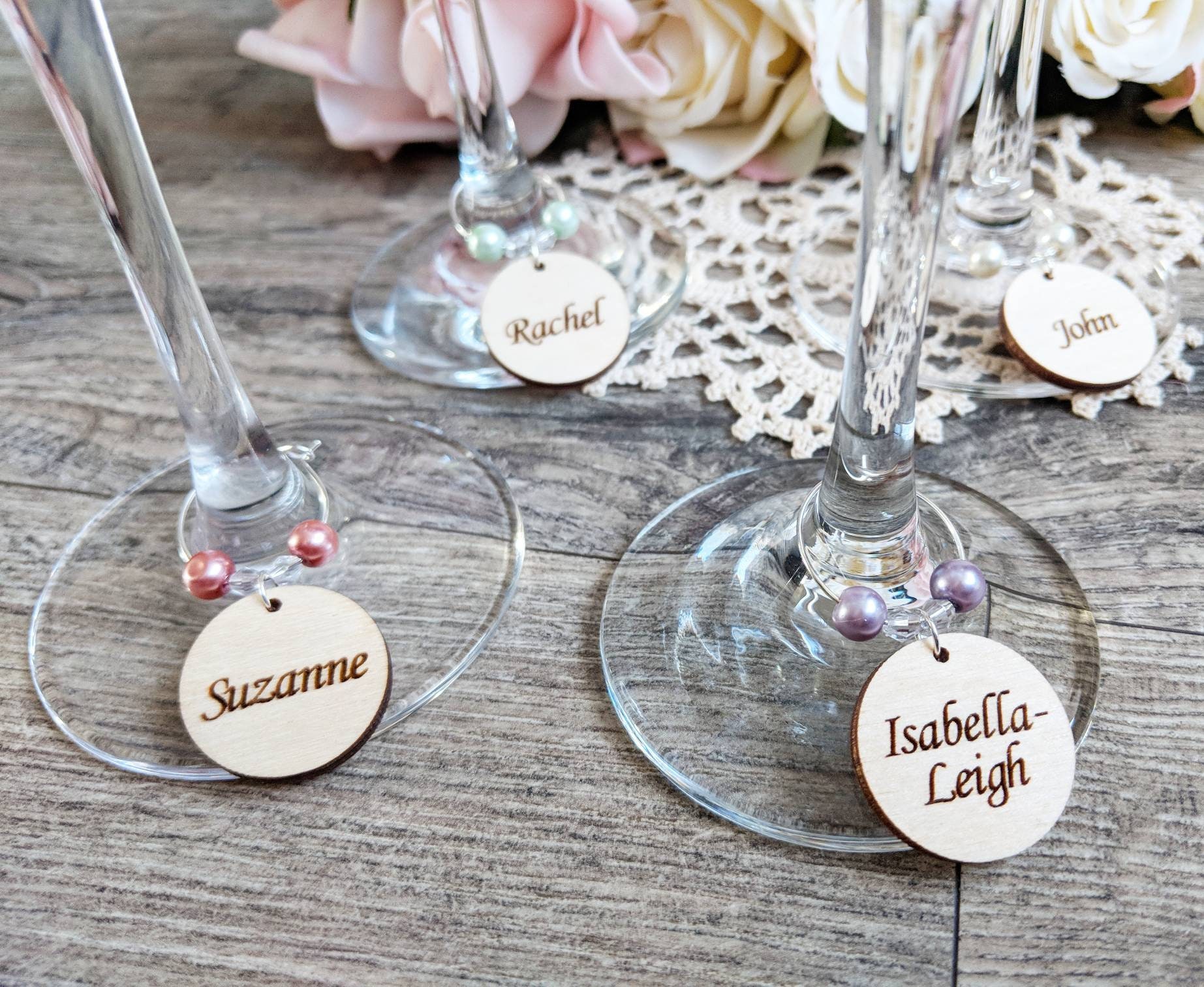 Wedding Wine Glass Charms (Circles) - Personalised | Engraved Wooden …