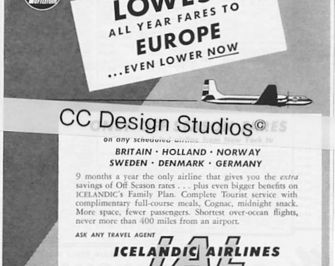 Vintage 1960 Icelandic Airlines Advertisement - IAL to Iceland - Aviation Memorabilia - Europe, Britain, Holland, Norway, Sweden, Germany