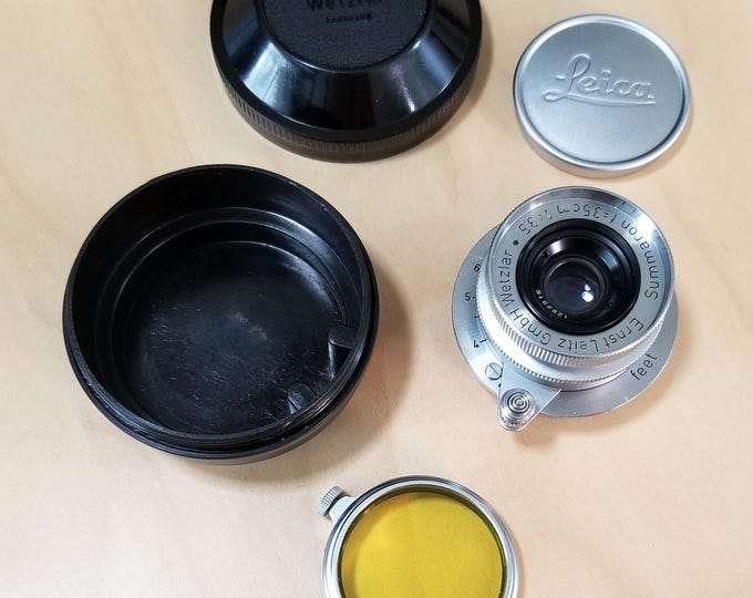 Leica Leitz Summaron f/3.5 3.5cm L39 Lens w/Matching Bakelite Case, Caps, Leica Filter - Rare Set - Read